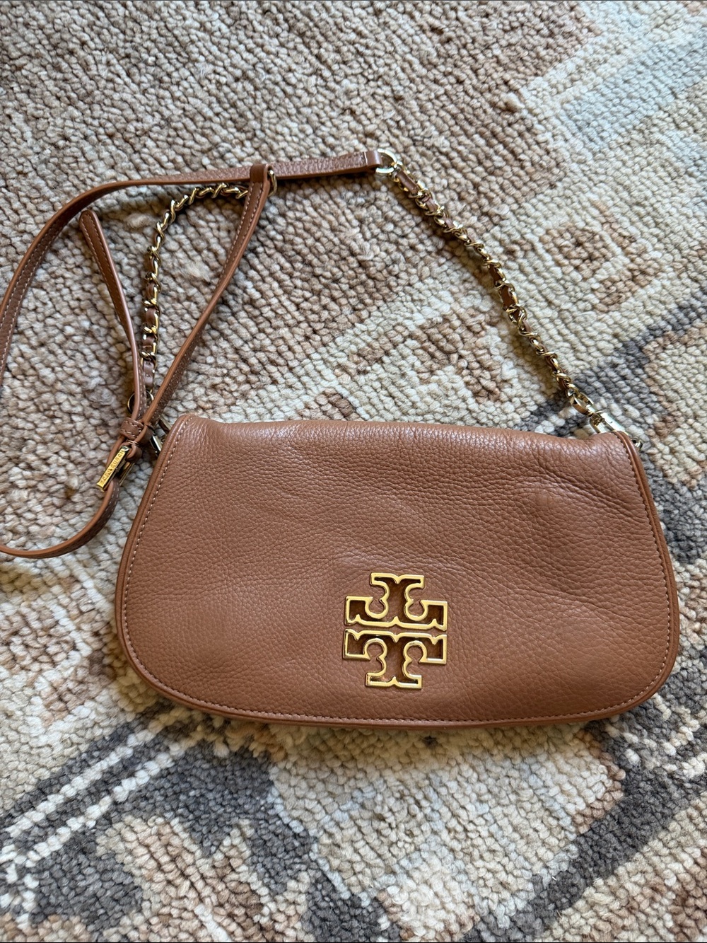 Tory Burch Chestnut Pebbled Leather Shoulder Bag with Gold Logo